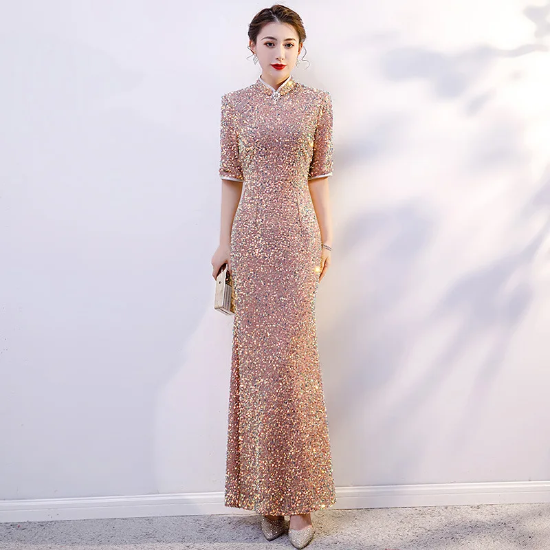 New Luxury Gorgeous Long Fork Sequin Cheongsam Stage Show Dance Dress Elegant Sexy Slim Bodycon Qipao Fashion Gown Novelty