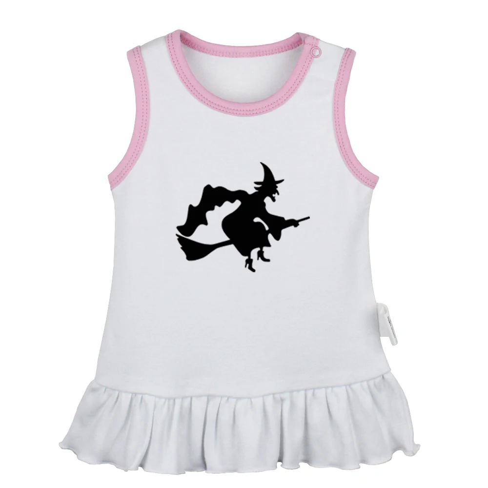 

Cartoon October 31 Flying Witch Halloween Witch Castle Broom Baby Girls Dresses Toddler Sleeveless Dress Infant Cotton Clothes