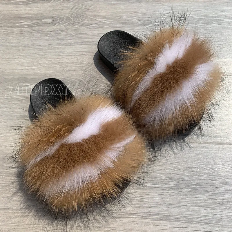 Hot Sale Fluffy Real Fox Fur Slides Women Fuzzy Slippers Female Amazing Shoes  Soft Furry Plush Slides Cute Flip Flops Wholesale