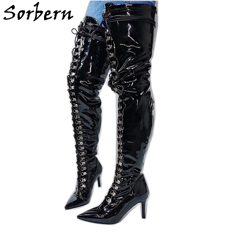 

Sorbern Black Patent Low Heel Boots For Women Pointed Toe Lace Up Kitten Heels Sexy Fetish Shoes Custom Slender Fit In Footwear