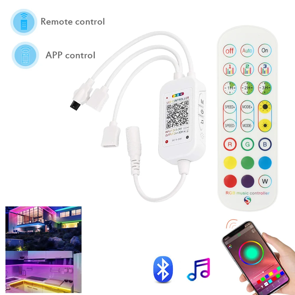 24Keys Remote Bluetooth RGB LED Lights Strips Music Controller Dual Outputs for LED Strips RGB SMD5050 DC 5V-24V APP Control