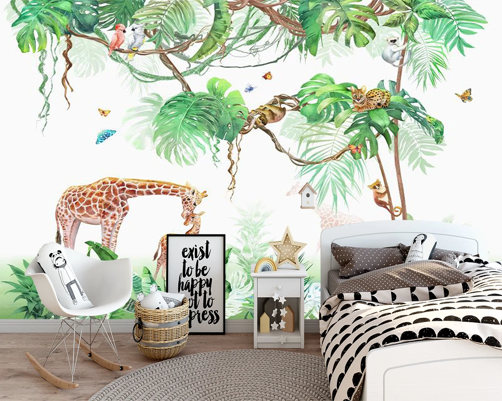 Milofi professional 3D large wallpaper mural hand-painted Nordic forest small animal illustration children background wall