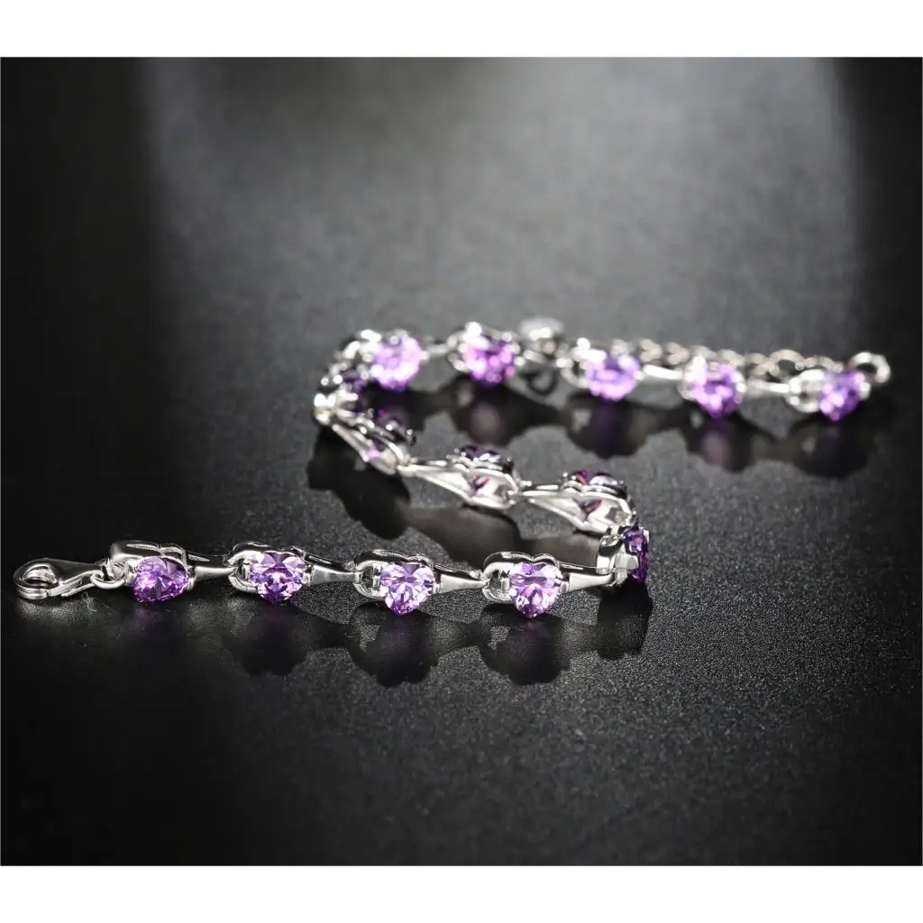 Women Bracelet 925 Sterling Silver Bracelets Love Heart Jewelry Purple Zircon Fashion Charm Bracelets Banquet Decoration Jewelry