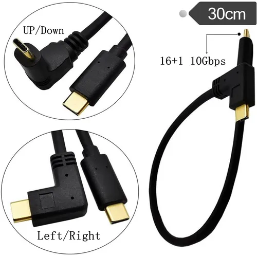 Imagen 2 del producto USB-C USB 3,1 de 10Gbps, 16 + 1, 90 grados, ángulo izquierdo y derecho, chapado en oro, macho a tipo macho, C a C, PD, 100W, Cable de datos 4K HD