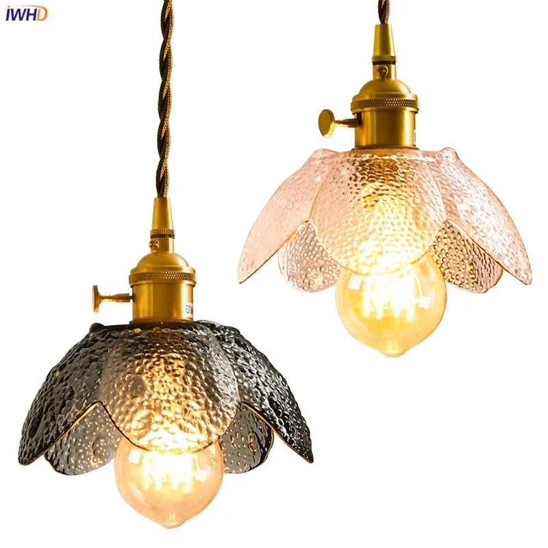 

IWHD Nordic Style Flower Glass Pendant Lamp Bedrom Restaurant Bar Japanese Copper Vintage Industrial Pendant Lighting Fixtures