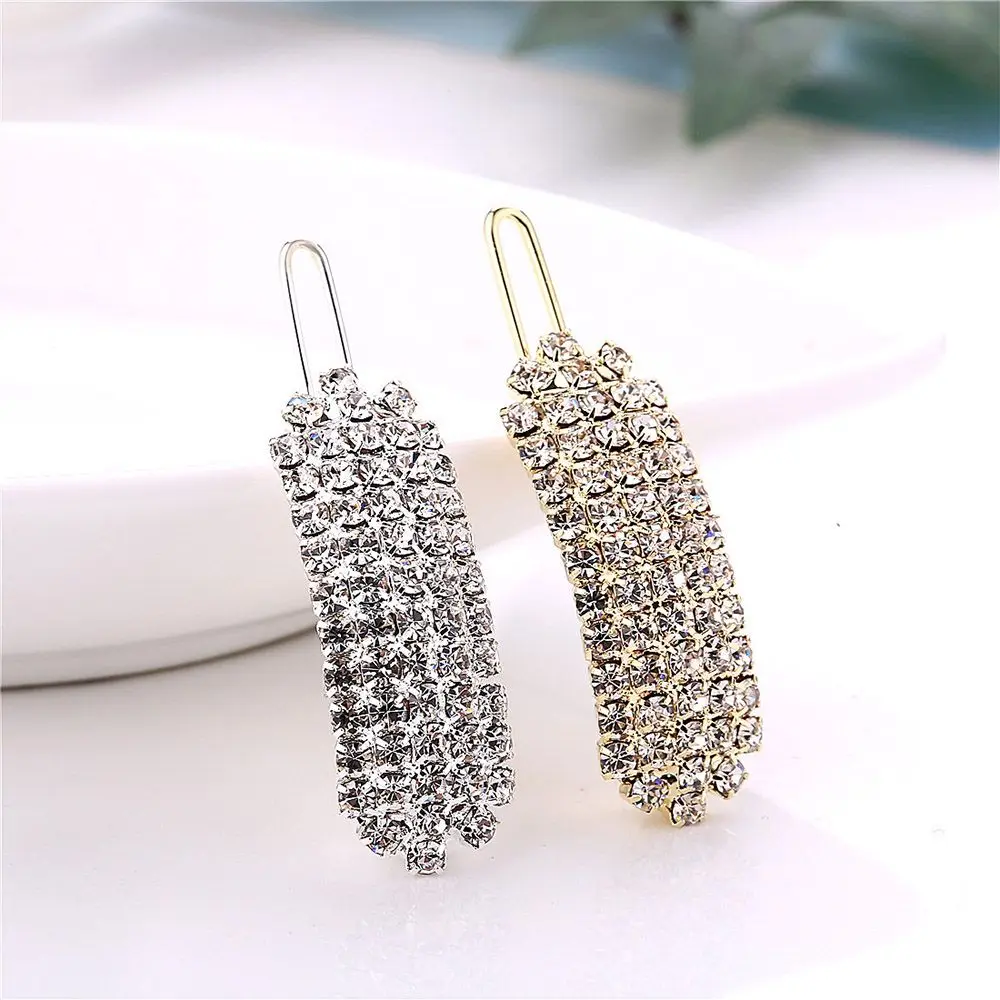 Crystal Hair Clip Women Elegant Korean Design Snap Barrette Stick Metal Alloy Hairpin Hair Styling Accessories