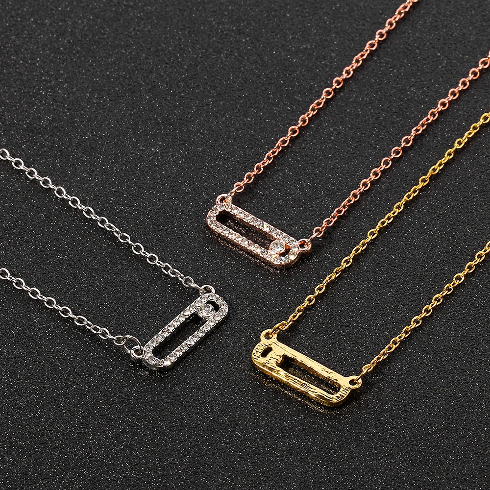 Classic Charm Rhinestone Paper Clip Pendant Necklace Women Antique Silver Color Metal Link Chain Femme Jewelry