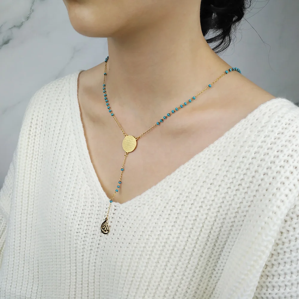 FINE4U N314 الفولاذ المقاوم للصدأ مسلم العربية المطبوعة قلادة قلادة الأزرق اللون الخرز عقد خرز سلسلة طويلة مجوهرات