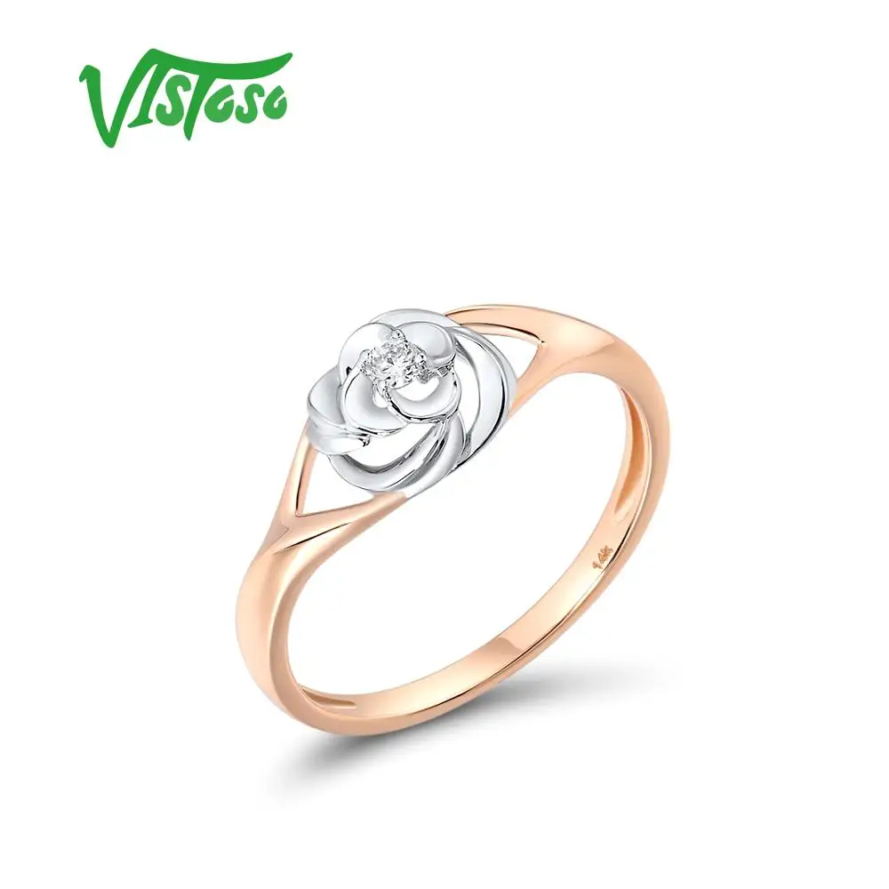 VISTOSO Pure 14K 585 Two-Tone Gold Ring For Women Sparkling Diamond Elegant Flower Anniversary Wedding Trendy Gift Fine Jewelry