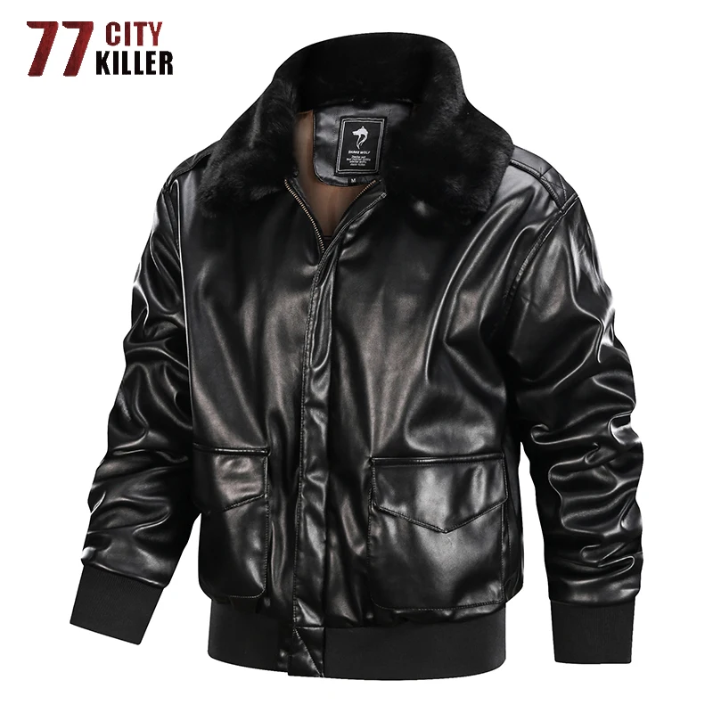 Spring Autumn Bomber PU Leather Jackets Men Motorcycle Motorcycle Tactical MA-1 Faux Leather Jackets Fur Collar Pilot Coats Male