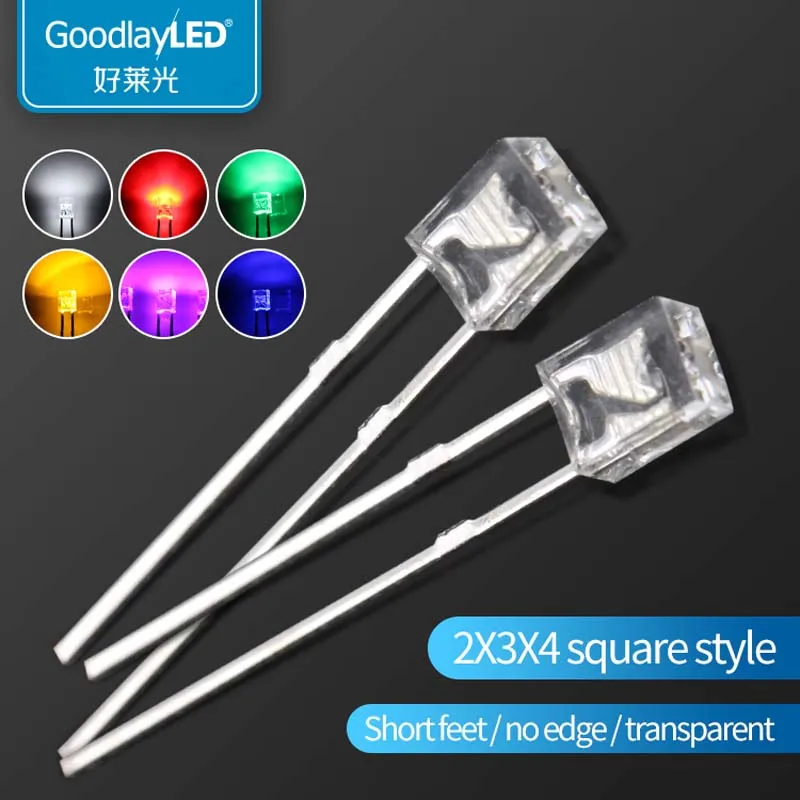 1000PCS 2x3x4mm square transparent short leg red yellow white green blue light-emitting diode LED