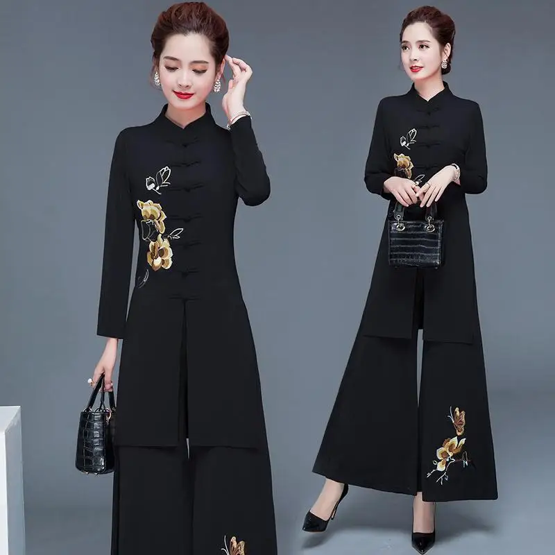 Folk Custom Casual Women Suit Spring Autumn Retro Embroidery Long Tops + Wide Leg Pants Two Piece Sets Fashion Female Outfit