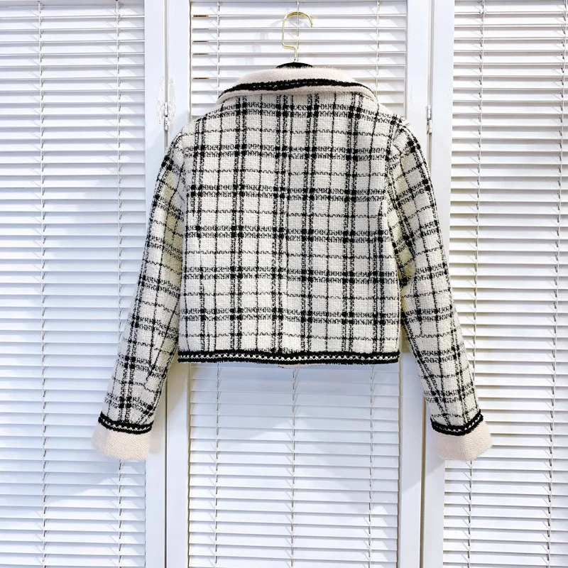 

Plaid Women Long Sleeve Tweed Jackets Retro Double Breasted Slim Fit Short Coat Winter Elegant Office Lady Pockets Outerwear