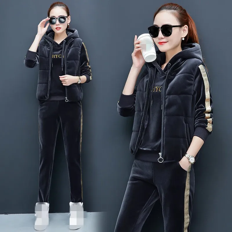 Woman Gold Velvet Casual Sportswear Suits Hooded Pullover Vest Thickening Warm Female Three Piece Sets Outdoor Fitness Winter