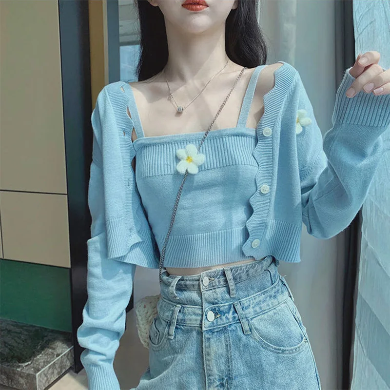 2 Piece Set Women Cardigan Ribbed Knitted Camisole Outfits Spring Autumn Y2K Flowers Short Tops Long Sleeve Cropped Camis Suit