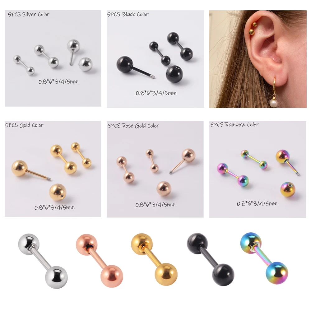 5PCS/Lot 20G Stainless Steel Ear Piercings Helix Piercings 3&4&5mm Ball Barbell Earring Tragus Barbell Piercings Body Jewelry