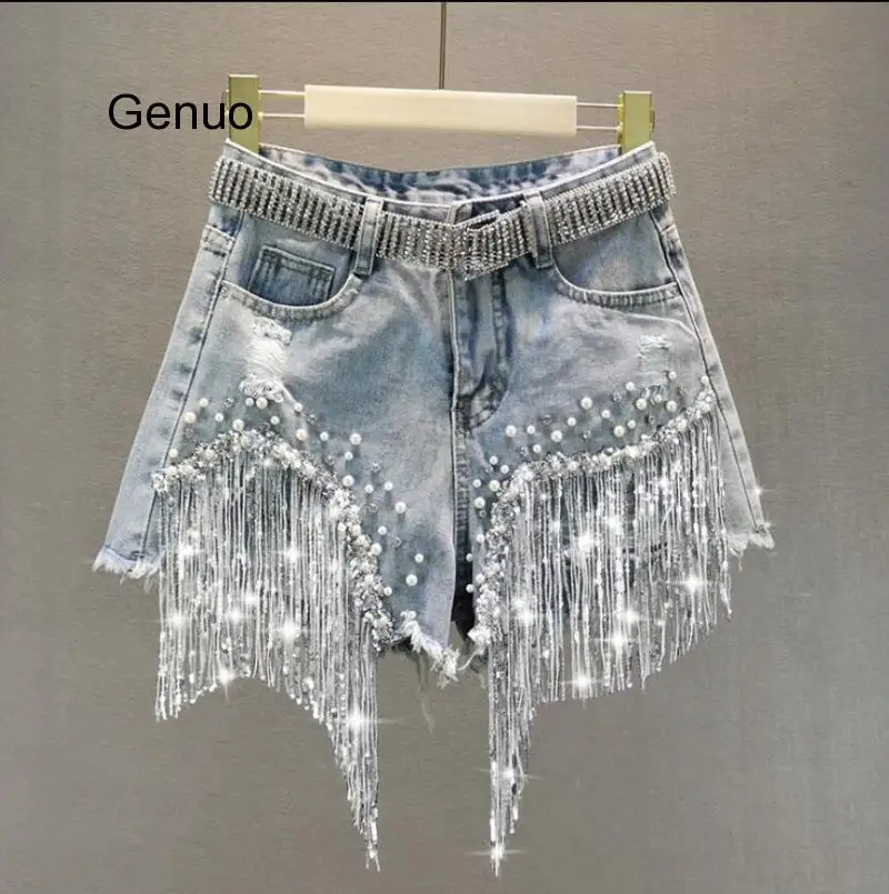 Denim Shorts Female 2020 Summer New High Waist Was Thin Heavy Industry Beaded Sequins Tassels Hole Wide Leg Shorts R990