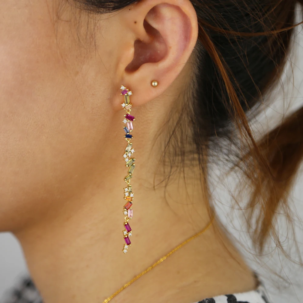 Christmas jewelry Fashion 75mm Long Tassel cz Earrings for women girl rainbow CZ Chain Earring Brincos Bijoux