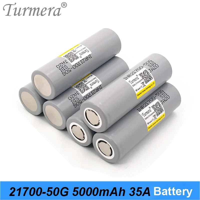 

Turmera 21700 50G 5000mAh Lithium Battery 35A Discharge Current for Flashlight Heanlamp and 36V 48V E-Bike E-scooter Battery Use