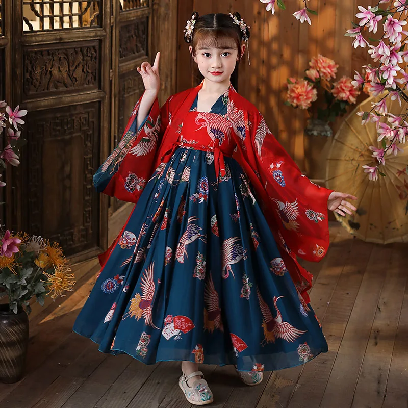 Chinese Traditional Pompous Skirt Dress Fairy Stage Dancewear Teenage Girls Waist Chest Hanfu Long Sleeve Photography Clothes