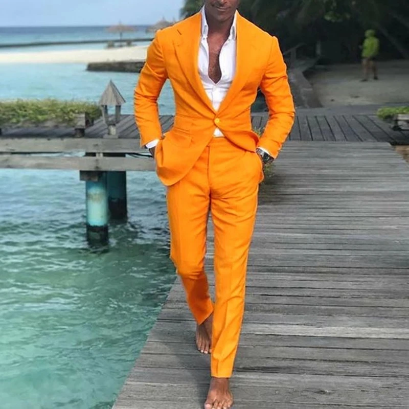 

Orange Costume Homme Slim Fit Men Suits Business Tuxedo Groom Wedding Formal Prom Party 2 Piece Casual Solid Blazer with Pants