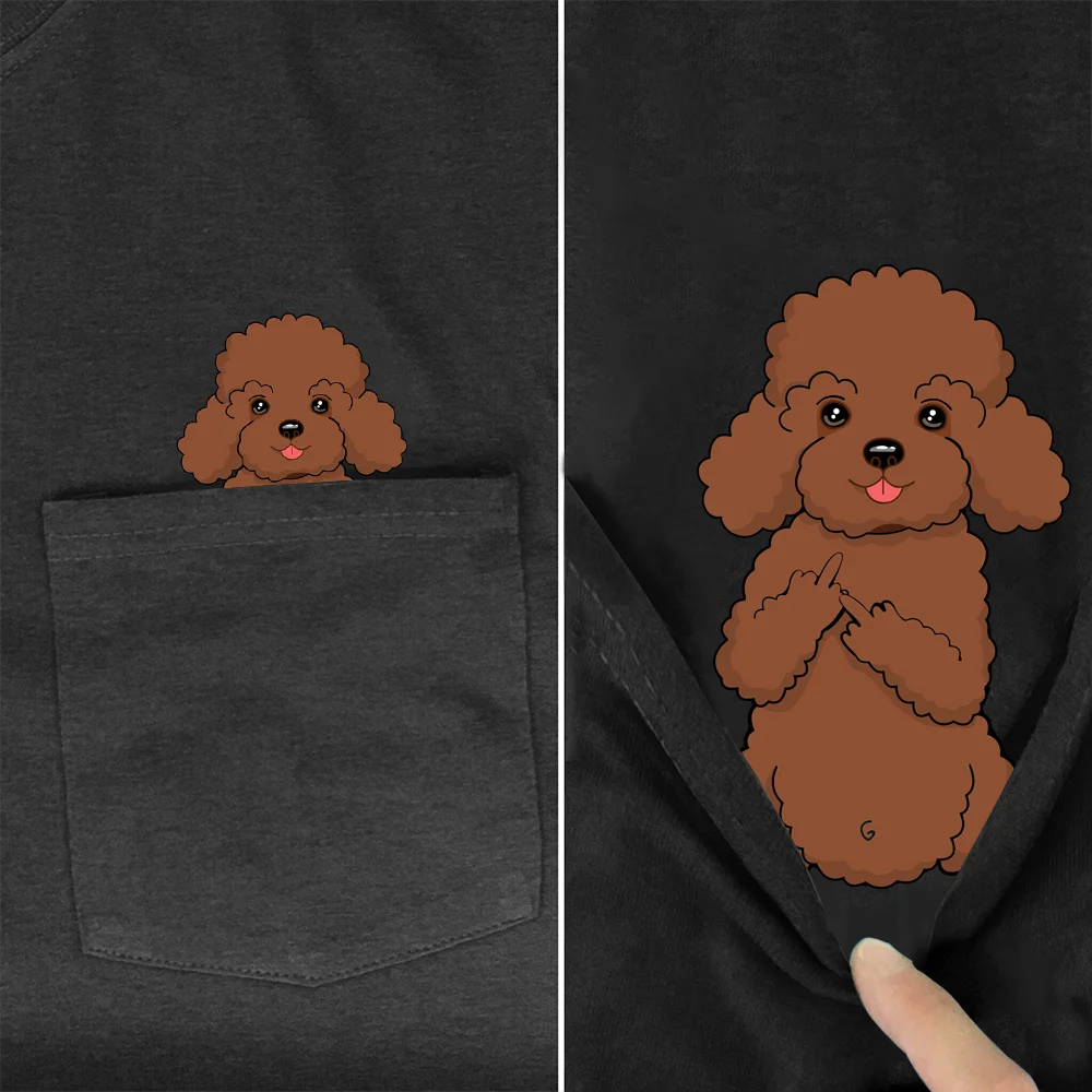 CLOOCL Brown Poodle T-Shirt Pocket Animals Dogs Printed T-shirt Men\'s for Women Shirts Hip Hop Tops Cotton Tees