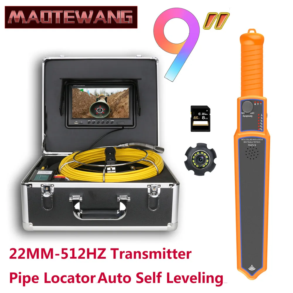 

9"Monitor DVR 22MM IP68 HD 1000TVL Sewer Pipe Inspection Video Camera with Auto Self Leveling 512HZ Pipe Locator 12PCS LED Light