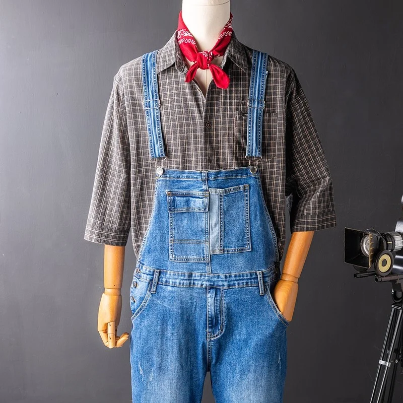 2022 New Vintage Mens Cargo Denim Overalls Casual Rompers Patchwork High Waist Straps Pants Fashion Straight Jeans Men Jumpsuits