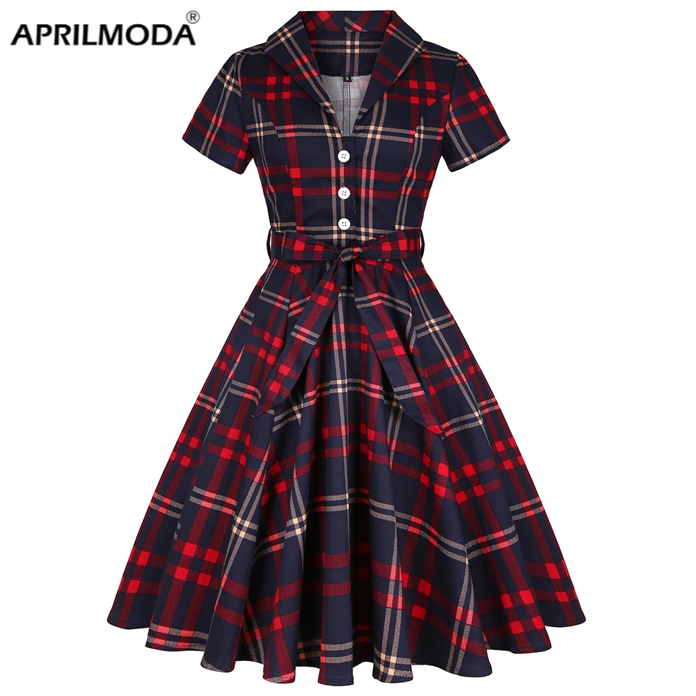 Spring Summer Retro Vintage Women Dress Plaid Printed England Style Large Size Shirt Sundress 50s 60s Pinup Swing Casual Dresses