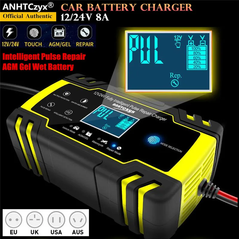 12/24V 8A LCD Touch Screen Automatic Car Battery Charger Intelligent Pulse Repair Chargers Lead Acid AGM Gel Wet Battery-charger