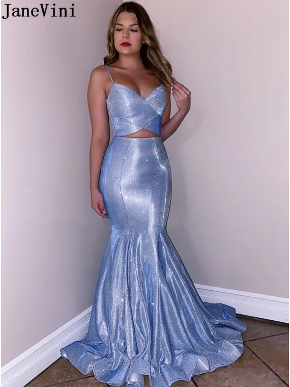 JaneVini เซ็กซี่ Blue Mermaid ชุดราตรียาว Charistmas ชุด Shiny Glitter ผู้หญิง Backless Prom Party Robe Grande Taille