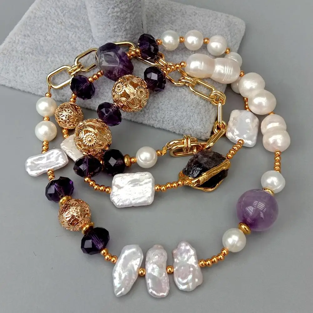 Y·YING natural Freshwater Cultured White Pearl Amethyst Crystal Long Necklace 29\