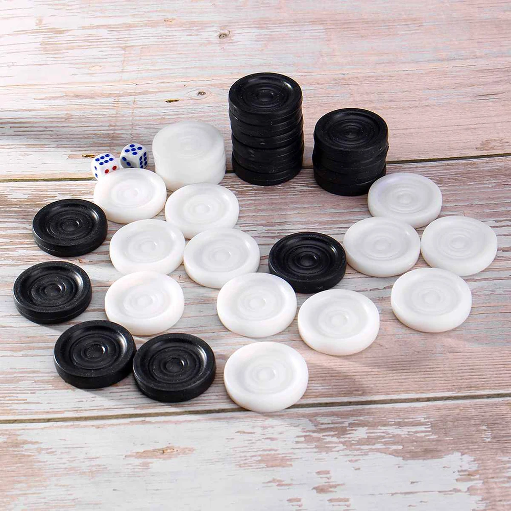 30pcs/Set Plastic Black White Checkers Backgammon Chess Pieces with 2 Dice Home Party Table Board Game for Adults Kids Toys