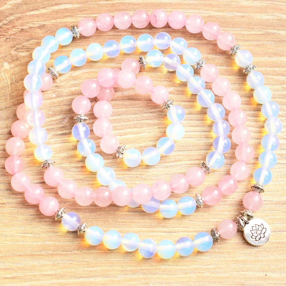 Wholesale New Design Women`s 108 Mala Yoga Bracelet 8 mm Opal Rose Quartz Mala Beads Lotus Charm Chakra Spiritual Bracelet