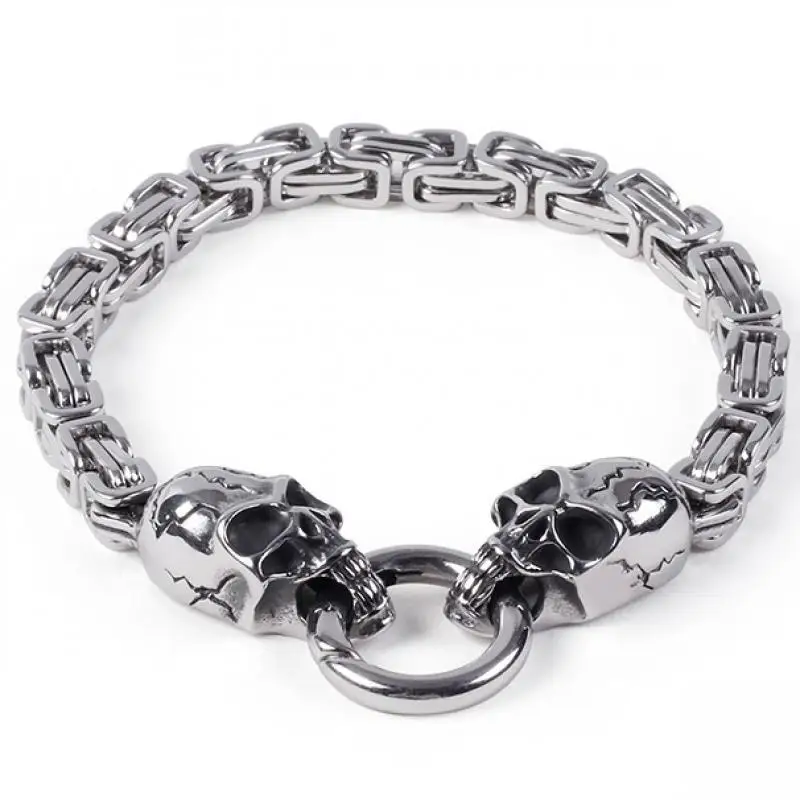 Gothic Skull Head Byzantine Chain Bracelet for Men Silver Color Exquisite Biker Fashion Jewelry