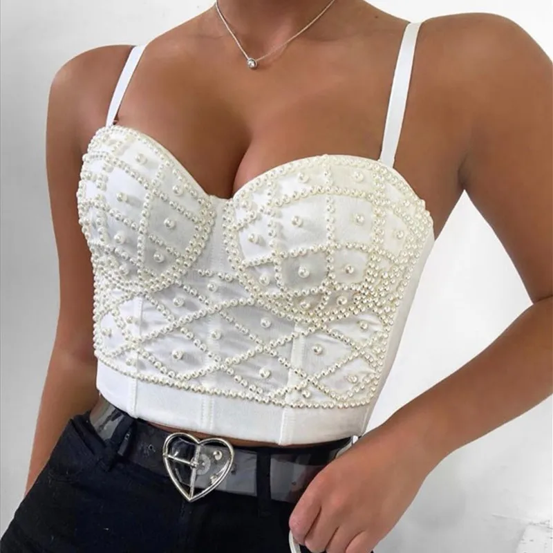 2020 Women Lift Up Birthday Bra Pearl Beaded Suspenders Tube Vest Short Top Summer Sexy Gathered Corset Wear