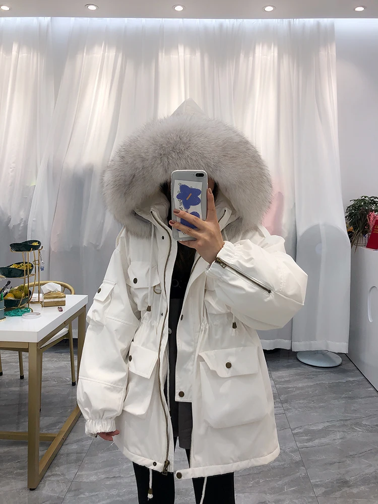 Piumino da donna con collo in pelliccia di volpe grande 2021 inverno spesso 90% piumino d\'anatra bianco Parka giacca corta con cappuccio femminile