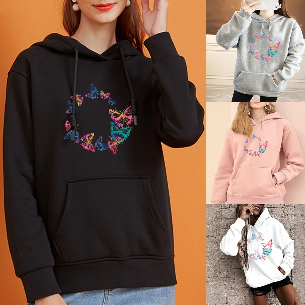 Senhoras hoodie harajuku esportes pulôver solto grandes bolsos base topos transparente borboleta impressão meninas casual streetwear