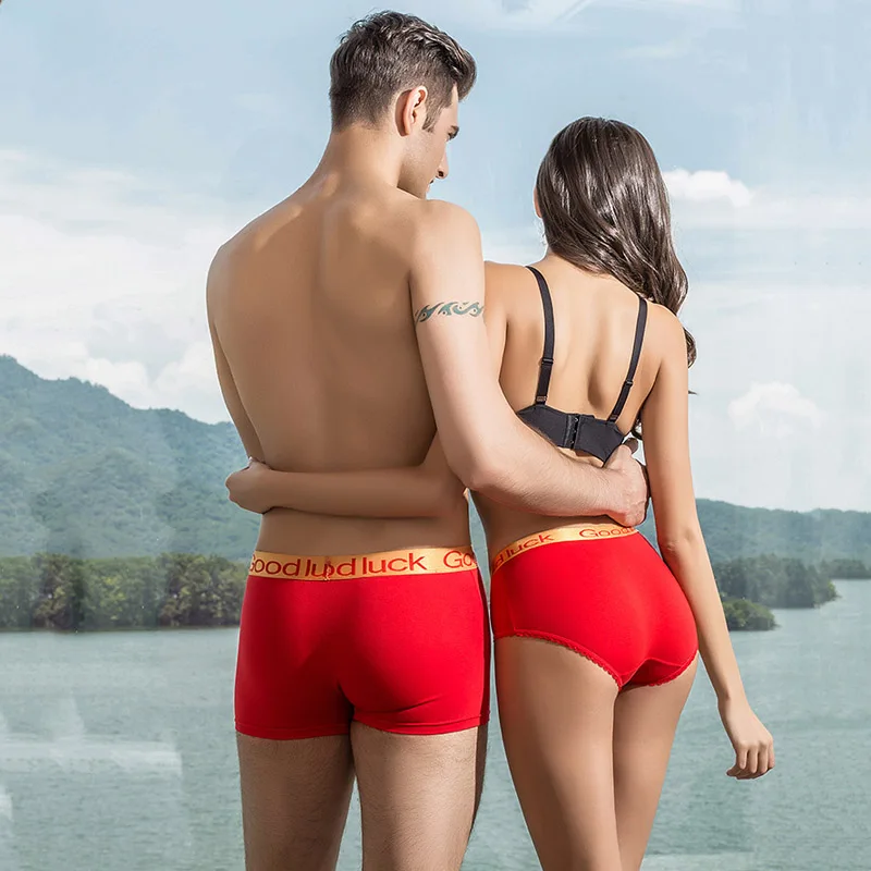 Couple Panties Underwear Red Men's Boxers Soft Cotton Breathable Women Briefs Red Good Luck Male Female Underpant Plus Size 4XL