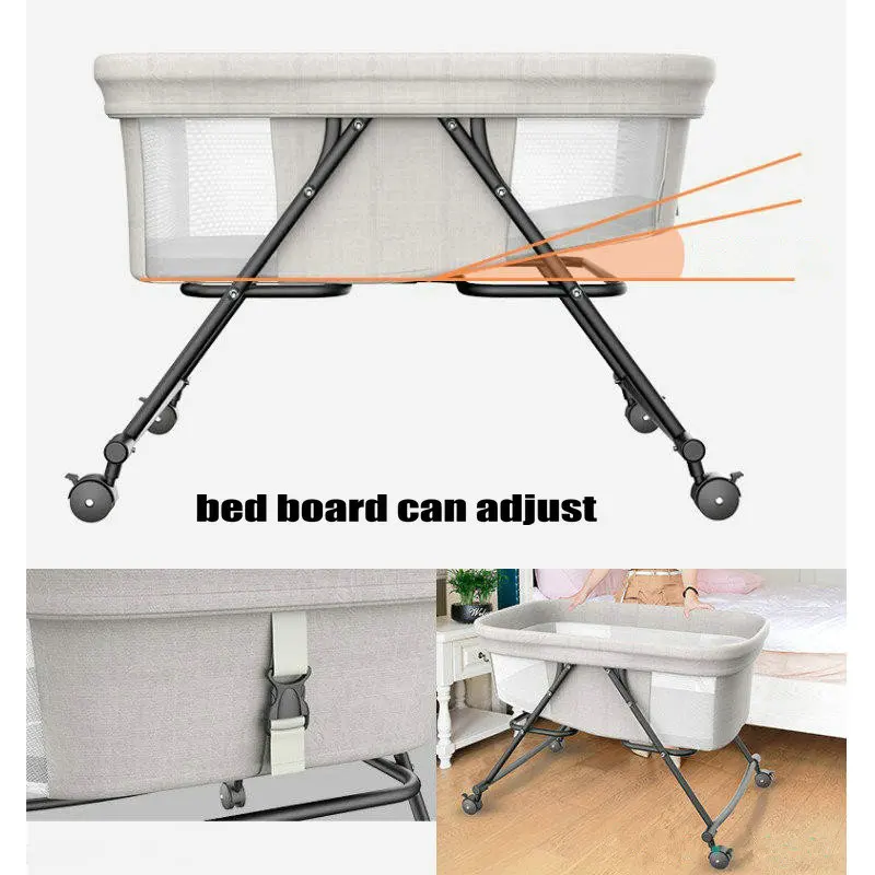 Portable Travel Bed with Mosquito Net, 4 Wheeled Baby Bassinet Newborn Infant Crib, Convert to Rocking Cradle
