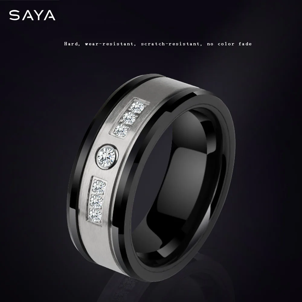 Rings for Men 8mm Width Black Ceramic Rings for Men Jewelry Wedding Band Inlay Shiny CZ Stones, Free Shipping, Engraving