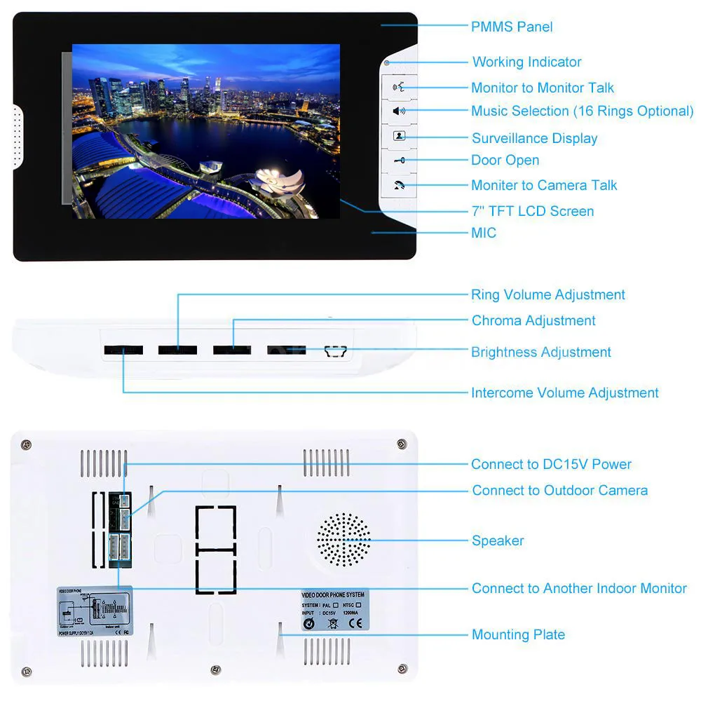 Sistema de vídeo porteiro com fio IR, campainha de vídeo, interfone 1000TVL, campainha IR, câmera sem fio, telefone para casa e apartamento, 7 pol