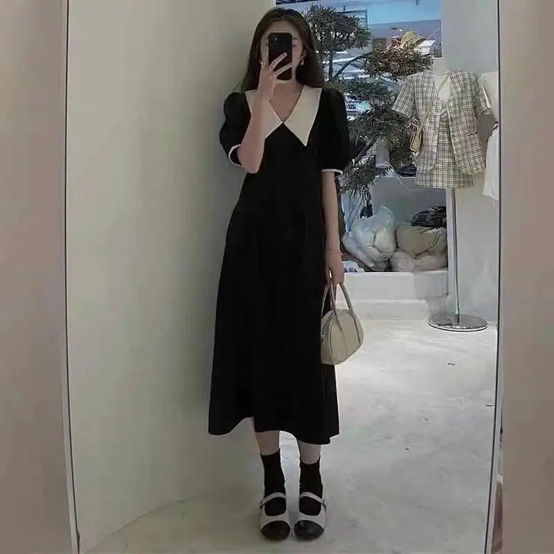 Black Dress Women Harajuku Simple Clothes Mujer Midi A-LINE Retro Summer Temperament Peter Pan Collar High Waist Vestidos Classy