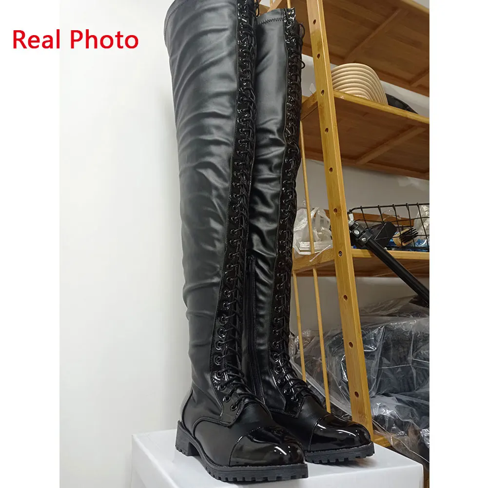 Brand New Female Boots Platform Square Heel Zip Cross-tied 2021 Winter Comfy Woman Over The Knee High Boots Shoes Big Size 46 images - 6