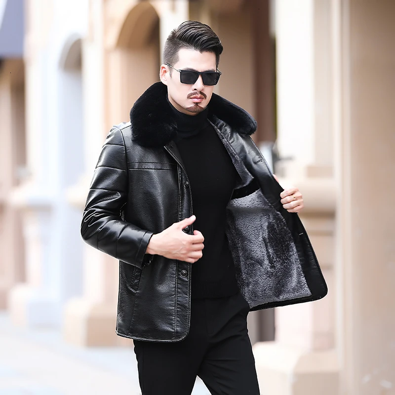 2021 Plus size   sheepskin coat  men  genuine leather mens jacket High quality Raccoon fur collar locomotive leather jacket