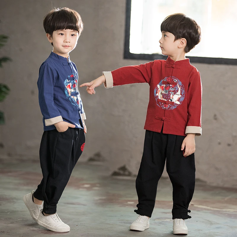 Vêtements traditionnels chinois pour enfants, olympiques de nouvel an pour garçons, ensemble haut et pantalon, Hanfu imbibé, cosplay pour enfants,