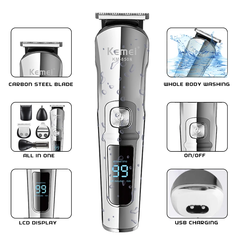 Kemei Professional Electric Hair Trimmer Waterproof 6 in 1 Hair Clipper Men Hair Cutting Machine Beard Trimer Body Men Haircut