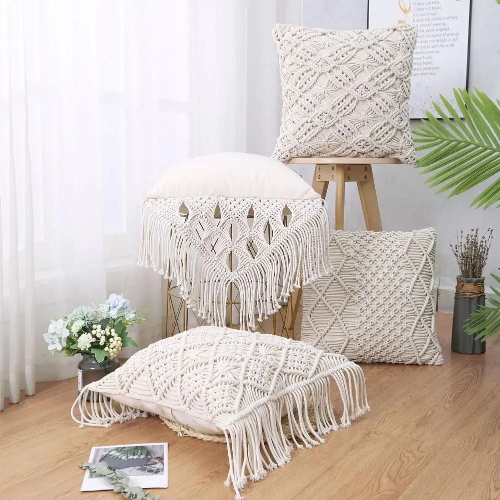 Cushion Covers 100% Cotton Linen Macrame Hand-woven Thread Pillow Covers Geometry Bohemia Style Pillowcase Home Decor 45x45cm