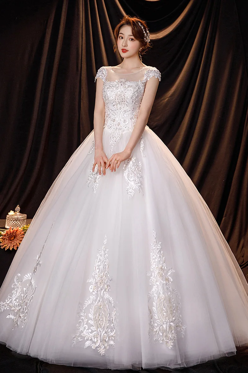 ClassicNeck 짧은 소매 웨딩 드레스 빛나는 장식 조각 웨딩 드레스 크기 레이스 신부 드레스 Vestido Noiva Robe Mariage Customized