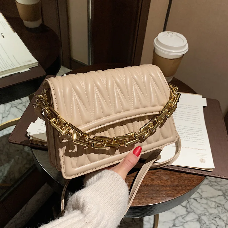 Fashion Women's Bag Rhombic Embroidered Shoulder Bag 2021 New Fold Thick Chain Small Square Bag for Girl Handbag Ladies